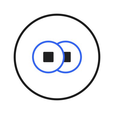 A minimalist graphic design showcasing two overlapping circles. Each circle encompasses a central square, creating a visual metaphor for interconnectedness, financial structures, or balanced
