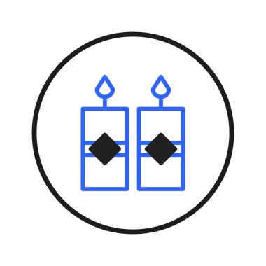 This elegant icon showcases a minimalist design featuring two stylized candles. A soft blue outline defines their shape, while a subtle black diamond accents the center. A glowing droplet represents