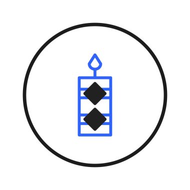 A minimalist graphic features a stylized candle, rendered in blue with black geometric shapes, placed inside a black bordered circle. The design emphasizes simplicity and clean lines making it
