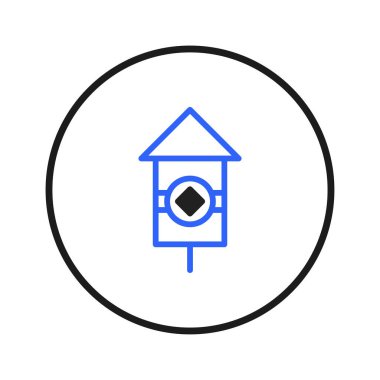 A minimalist image features a blue outlined birdhouse design centered within a black circular frame. The simple lines and geometric shapes create a modern and abstract aesthetic, ideal for icons or