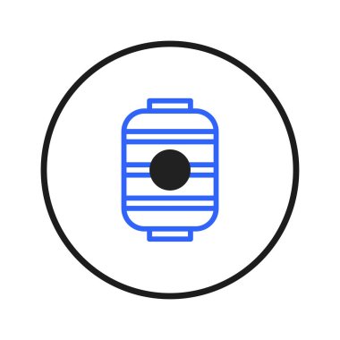 This simple geometric graphic showcases a central blue structure, defined by straight lines and a central circle, within a solid black circle. It is ideal for iconographic applications, representing