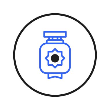 This artistic illustration presents a stylized lantern encased within a bold circular frame. It conveys a sense of festive tradition and decorative elegance. The geometric design elements and