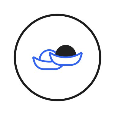 A minimalist graphic featuring two abstracted boats rendered in blue lines, each holding a dark sphere. Encased within a crisp black circle on a white background, the design offers a clean, modern,