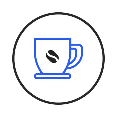A minimalist icon of a coffee cup is presented, with a distinctive blue outline against a bright background. A single coffee bean emblem adorns the cup, symbolizing morning refreshment, cafe and a