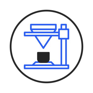 A simplified icon features an automated machine illustration, symbolizing precision manufacturing and industrial automation. The clean vector design represents technological advancement and the