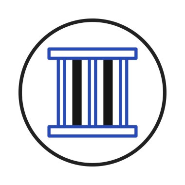 Conceptual art depicting limitation and confinement using a minimalist design. Vertical bars encased within a circle symbolize restricted access. The contrasting black and blue lines create a modern