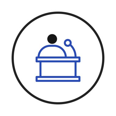 A minimalist icon displays a person standing behind a podium with a microphone, illustrating public speaking. The design uses blue lines on a white background inside of a circle, symbolizing