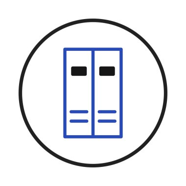 A simplistic outline vector design displaying a dual-section filing cabinet inside of a circular frame. The representation emphasizes organization, data storage, and efficient information