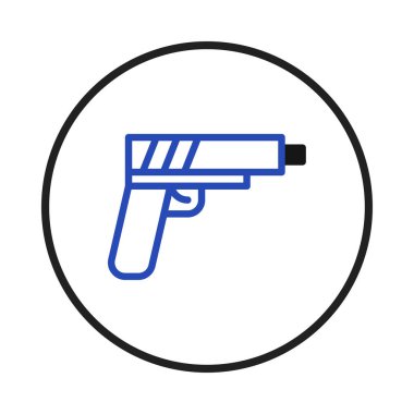 This digital artwork features a stylized, outlined pistol icon set within a circle. The depiction intends to convey concepts related to protection, security, and the complexities surrounding weapons