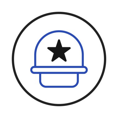 Stylized graphic illustration of a police hat within a circle. The police hat features a star symbol on the front. The symbol represents police, security, protection, and law enforcement. Use this