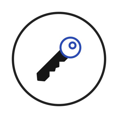 A minimalist illustration presents a stylized key within a circle, employing a blue and black color palette, the design conveys concepts of security, access, and unlocking, symbolizing solutions and