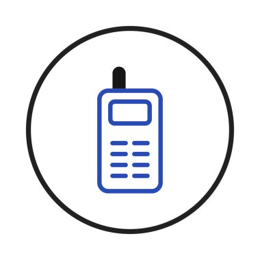 An isolated drawing showcases a simplistic blue mobile phone icon set against a white background and enclosed within a sleek black circle, presenting a versatile visual element for digital