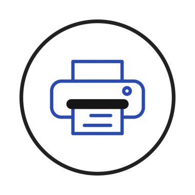 A stylized printer icon displayed within a circular frame, portraying a simple yet effective symbol for office equipment and documentation management. Suitable for conveying technological solutions,