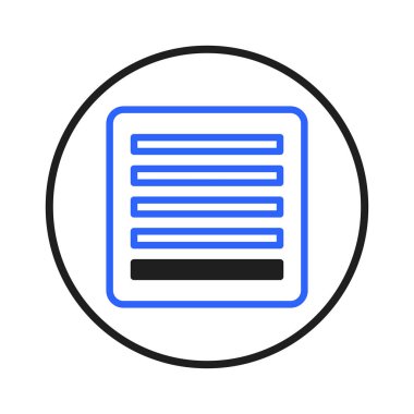 A clean and straightforward icon with a blue lined square enclosing a series of horizontal lines, indicating text or data. The icon is encased in a black circle, symbolizing completeness and focus,
