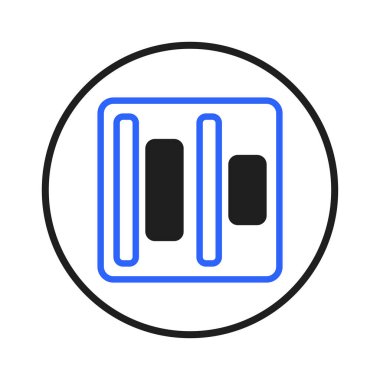 A geometric arrangement of black and blue rectangular and square shapes within a black circular frame. The balanced composition creates a modern and visually appealing design element suitable for