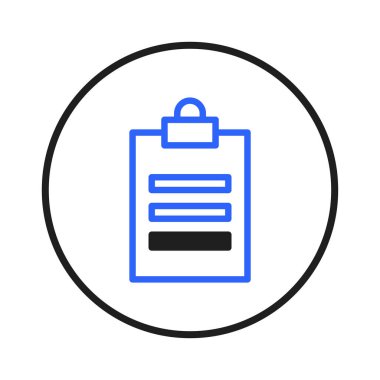 This is a minimalist depiction of a clipboard, rendered in blue lines against a white backdrop, encapsulated by a black circle, symbolizing organization, documentation, and information management