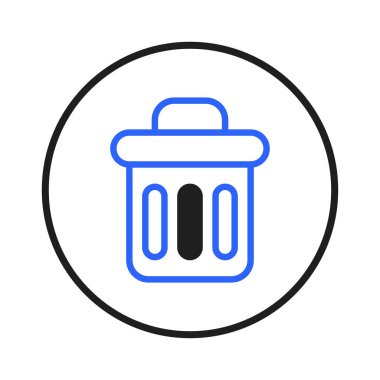 Siyah bir çember içinde mavi çizilmiş çöp kutusu simgesini içeren minimalist bir tasarım. Resim dosyaları, atık yönetimini, geri dönüşüm çabalarını veya genel çöpü temsil etmek için kullanılabilir