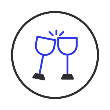 İki mavi şarap kadehinin dairesel bir çerçevede kadeh tokuşturuşunun stilize edilmiş çizimi. Basit ve temiz tasarım, kutlama, neşeli toplantılar ve keyifli etkinlikleri çağrıştırıyor..