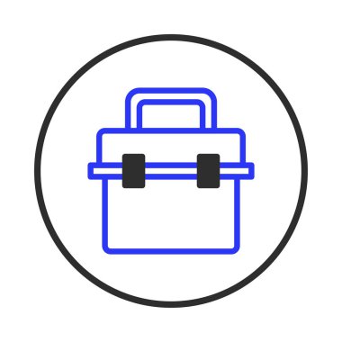 Minimalist bir illüstrasyonda siyah ve beyaz bir daire içine gizlenmiş mavi bir alet kutusu simgesi bulunur. Alet ve ekipmanları sembolize eder, onarım, bakım, inşaat veya diğer manüel ticaretleri önerir,