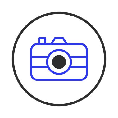 Dairesel bir çerçevenin içindeki kamera ana hatlarının temiz ve modern bir çizimi. Fotoğrafçılığı, anı yakalamayı ve görsel hikaye anlatma sanatını basit ve yaratıcı bir yetenekle temsil eder.