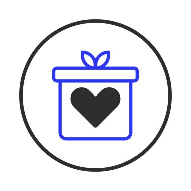 Minimalist bir illüstrasyonda içinde bir çemberin içinde kalp sembolü olan bir hediye kutusu bulunur. Tasarım, çeşitli amaçlar için uygun temiz ve modern bir resim oluşturmak için basit çizgiler kullanır.