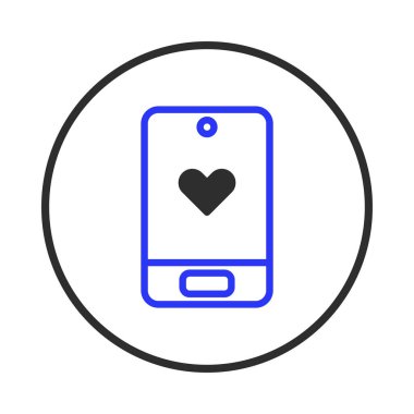 Bu simge, sevgi dolu dijital bir bağlantıyı temsil eden bir kalp sembolü gösteren akıllı telefonu gösteriyor. İllüstrasyon, sevgi, bağlantı ve paylaşım kolaylığını çağrıştırıyor.