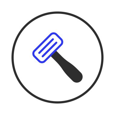 Siyah dairesel bir kenar içinde beyaz bir arkaplana karşı bir traş makinesi simgesini içeren minimalist bir vektör illüstrasyonu. Tıraş makinesi siyah ve mavi aksanlı tasvir edilmiş, temiz ve modern bir resim sunuyor.