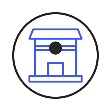 Görüntü dairedeki bir yapının minimalist mavi simgesini tasvir ediyor. Mimari basitliği ve görsel iletişimi çağrıştırıyor. Bu tasarım mimariyi temsil etmek için kullanılabilir,