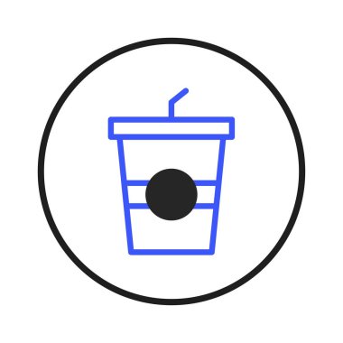 Minimalist bir illüstrasyonda tek kullanımlık bir bardak ikonu pipetle sunulur. Temiz çizgileri ve yuvarlak şekli, web sitesi tasarımı ve mobil uygulama arayüzleri için modern ve