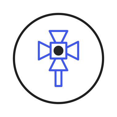 Stüdyo ışıklandırma kurulumunu temsil eden minimal ve stilize bir ikon. Tasarım geometrik şekillerden ve mavi renk paletinden yararlanarak, medya oluşturulması için profesyonel bir aydınlatma sistemi önermektedir.,