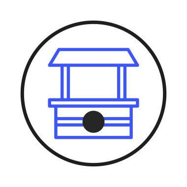 Mavi çizgili bir su kuyusu ikonu tasvir eden minimalist bir grafik çizimi, siyah dairesel bir çerçeve içinde. Tasarım basitliği ve berraklığı vurguluyor, özün iletilmesine odaklanıyor