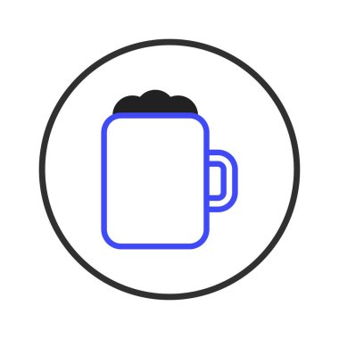 Köpüklü bir bira bardağının temiz bir vektör çizimi, mavi bir dış hatla tasvir edilmiş ve daire şeklinde çevrelenmiş. Minimalist tasarım, canlandırıcı özelliği vurgulayarak, simgeler veya logolar için uygun hale getirir.