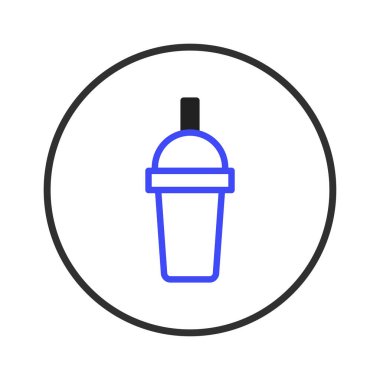 Basit bir siyah dairesel çerçeve içinde kaplanmış, maviyle çizilmiş, samanla çizilmiş, yeniden kullanılabilir bir bardağın minimalist bir grafiği. Çevre dostu bir alternatif sunar.,