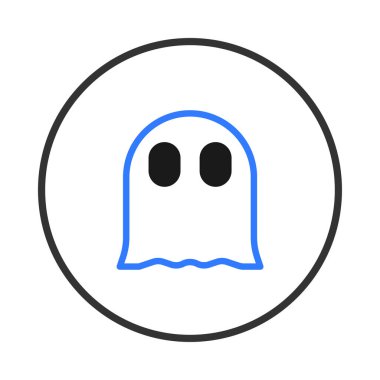 Bir minimalist dijital illüstrasyonda mavi çizgili ve basit siyah gözlü bir hayalet simgesi bulunur. Çizgi film karakteri bir çemberin içinde, temiz beyaz bir arkaplan üzerine kuruludur.,
