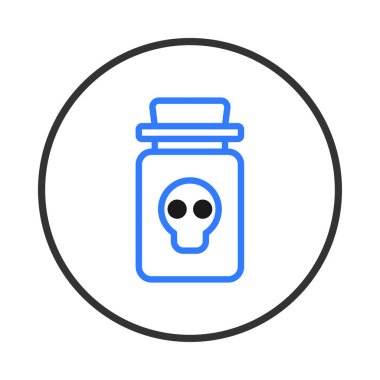 İksir şişesinin stilize vektör çizimi. Belirgin bir kafatası sembolü ile süslenmiş. Tedbir veya tehlike taşıyor. Tasarım zehirli bir sıvıyı işaret ediyor, zehir için uygun.,