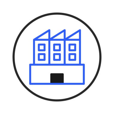 Temiz ve titiz bir ikon stilize edilmiş bir sanayi binasını tasvir ediyor. Geometrik şekiller ve net hatlar imalat, sanayi ve sanayi ile ilgili çeşitli kavramlar için güçlü bir mimari form sunar.