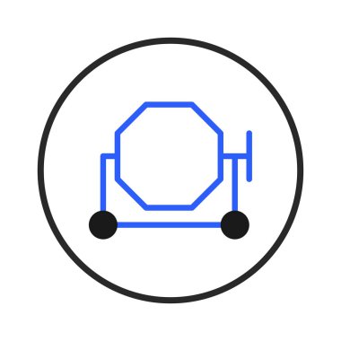 Çemberin içindeki mavi çimento karıştırıcının minimalist bir çizimi, inşaat ekipmanları, inşaat ve endüstri kavramlarını temsil ediyor. Mühendislik ve mimari tasarım için ideal,