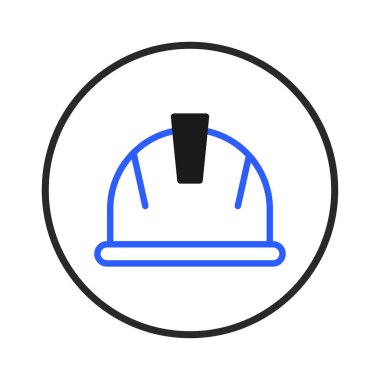 Siyah aksanlı, dairesel çerçeveli mavi bir miğferin minimalist vektör çizimi. Güvenlik protokollerini, endüstriyel düzenlemeleri ve korunmanın önemini simgeler.