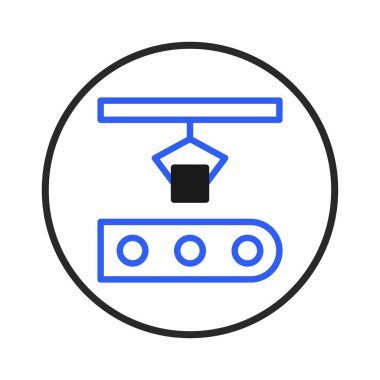 Otomatik üretim sürecini tasvir eden minimalist bir ikon, bir robotik kolu tam olarak bir kübik nesneyi taşıyıcı bandın üzerine yerleştiriyor. Bu resim modern endüstriyel teknolojiyi özetliyor.