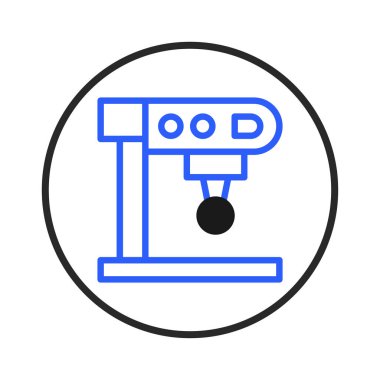 Bir minimalist ikon, içecek hazırlama ve kafein tüketimi kavramını gösteren basitleştirilmiş bir kahve makinesi tasvir eder. Temiz, taslak biçimli simge kullanıcı arayüzleri için ideal,