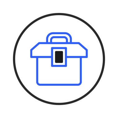 Beyaz arka planda daire şeklinde bir araç depolama konteynırının minimalist bir çizimi. Tasarım koyu mavi bir taslak kullanıyor. Basit, temiz ve grafik bir tasvir.