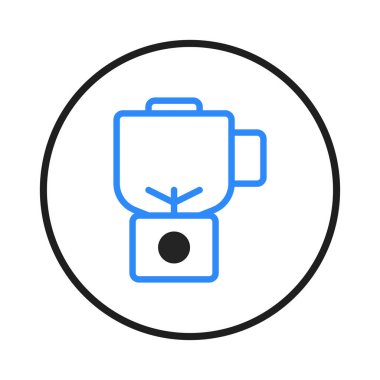 Mavi blender simgesinin basit bir çizimi, etrafında siyah bir daire olan beyaz bir arkaplan üzerine kurulmuş. Smoothie ve diğer karışık gıdaları yapmak için kullanılan modern bir mutfak aletini temsil ediyor..