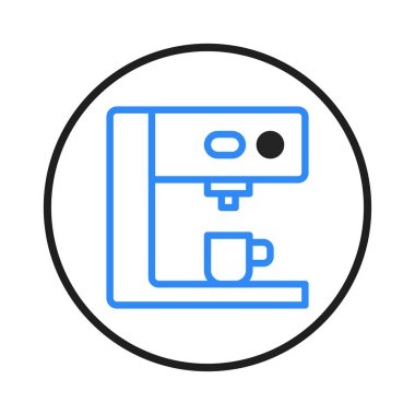 Tarzlı bir illüstrasyon, sabah rutinlerini ve içecek hazırlığını basit bir şekilde temsil eden mavi minimalist bir hatla çevrelenmiş bir daire içinde otomatik bir kahve makinesini tasvir eder.