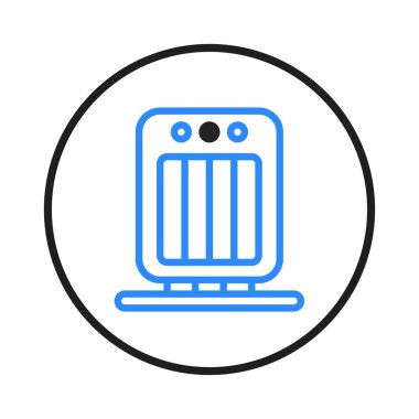 Bu minimalist illüstrasyon, temizlik ve teknolojik gelişim hissini aktaran dairesel çerçeve içinde bir ev hava temizleyici cihaz sergiliyor. Aerodinamik biçimi,