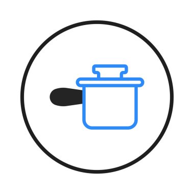 Siyah yuvarlak çerçeveli, siyah saplı, maviyle özetlenmiş bir tencerenin temiz ve basit bir çizimi. Bu minimalist tasarım aşçılığı ve mutfağı temsil etmek için mükemmel.