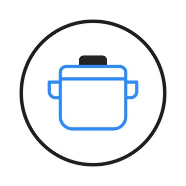 Minimalist bir vektör illüstrasyonu, yemek tenceresinin kapaklı mavi bir taslağını sunar, basit bir amblem çemberi içinde, modern tasarımda mutfak temalarını veya mutfak malzemelerini temsil etmek için mükemmel..