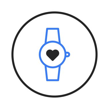 Kalp atış hızı sembolü gösteren, sağlık izleme ve zindelik takibini sembolize eden bir akıllı hareketin basitleştirilmiş bir gösterimi, tasarım siyah bir çember içinde temiz, modern ve minimalistiktir.,