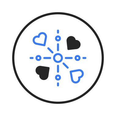 The abstract design presents an arrangement of hearts connected to a central point, signifying relationships and love. This imagery evokes themes of connection, fondness, and harmony, perfect for