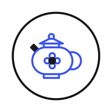 A minimalist image features a stylized teapot rendered with a blue outline. It incorporates a floral motif, conveying a sense of cultural tradition and the art of beverage preparation. The clean