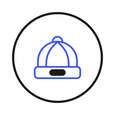 A clean and modern icon illustration of a winter hat, defined by bold blue outlines and a simple black detail. Encased within a crisp black circle, this graphic offers a stylish and recognizable
